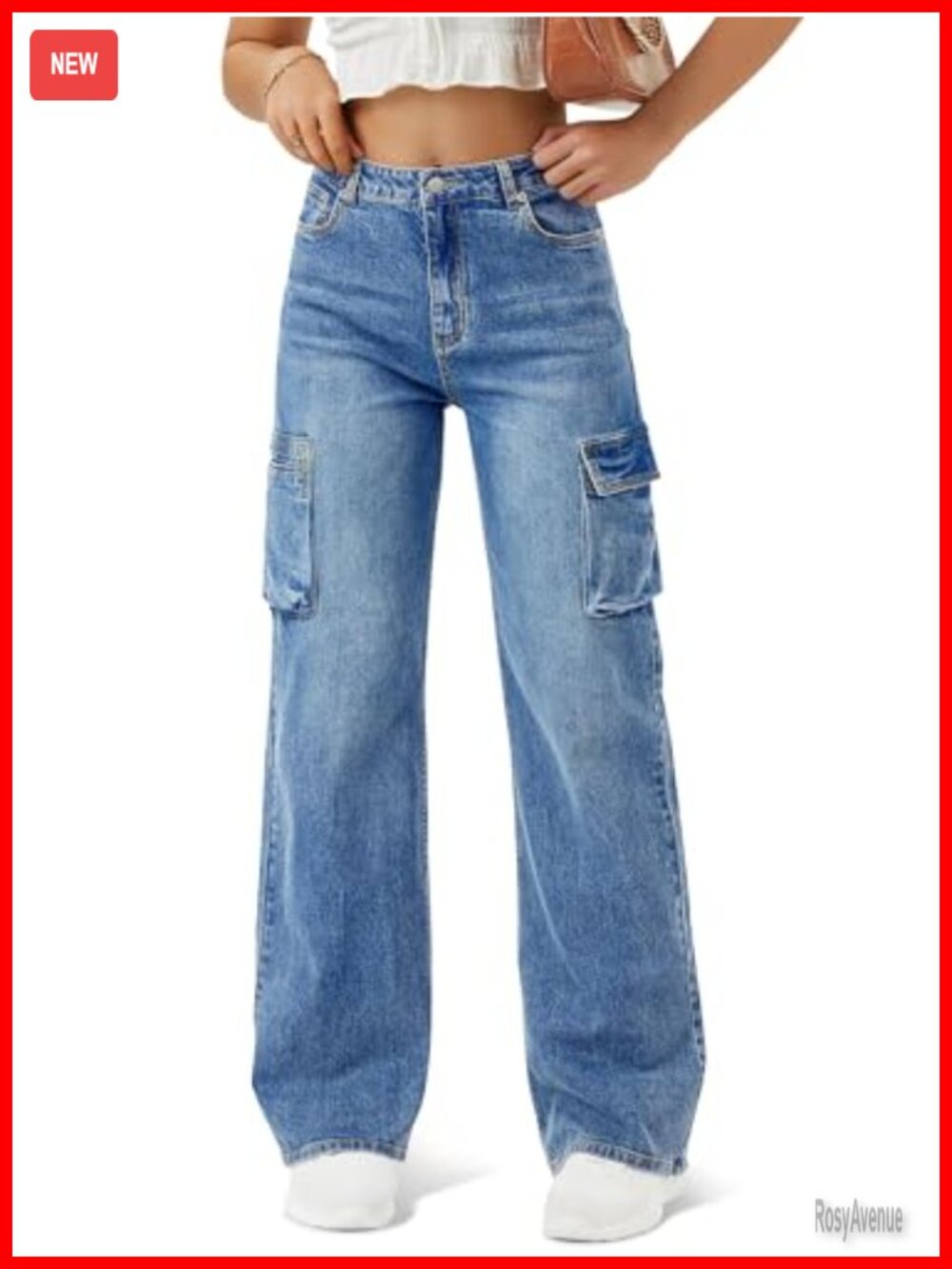 High Waisted Cargo Jeans Straight Wide Leg 6 Pockets
